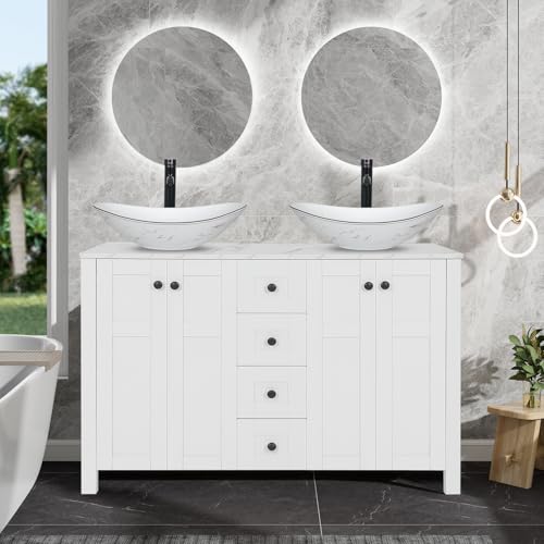 SOLIDEE 48' White Bathroom Vanity with Marble Texture Top and 4 Drawers, Modern Standing Pedestal Cabinet with Two Boat Ceramic Vessel Sinks
