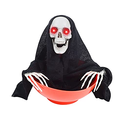 Halloween Animated Grim Reaper Candy Bowl, Halloween Grim Reaper Candy Bowl with LED Eyes and Creepy Sound (Sound Activated) for Trick-or-Treat, Halloween Party Decoration and Holiday Decorations