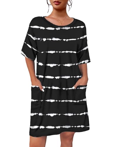 Image of Ekouaer Sleep Shirts for Women Nightgown Short Sleeves T shirt Night Dress Round Neck Womans Nightgown with Pocket S-XXL