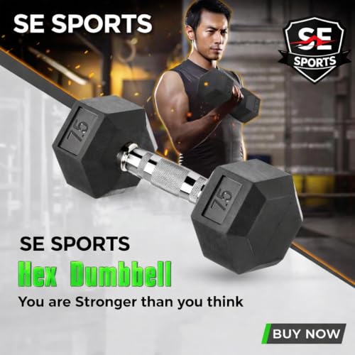 Image of Hex Dumbbells, Pair of 2, Rubber Coated Cast Iron, Steel Handle with Textured Grip, Strength Training (HEX DUMBBELLS 7.5 KG PAIR)