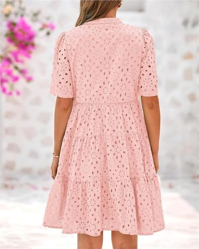 The Beauty North Eyelet Dress, Women's Elegant Hollow-Out V-Neck Short Sleeve Casual Ruffle Mini Dress3
