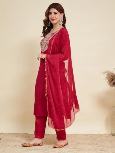 Image of MOKOSH Women's Silk Embroidery Kurta Pant with Dupatta | Kurta Set | Round Neck 3 /4 Sleeve | 3 Piece Outfit | Indian Kurta Outfit With Pant