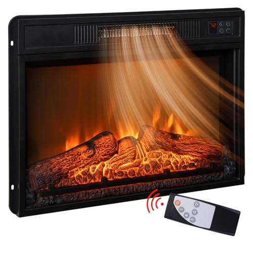 HolliWill 23 Inches Electric Fireplace Insert Heater, Realistic Adjustable Flames and Wireless Remote Control, Built-in Timer & Thermostat, Overheat Protection, Indoor Black 3D Infrared Fireplace