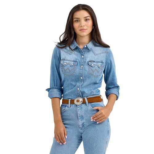 Wrangler Blue Denim Retro Denim Women's Long Sleeve Snap Shirt 1123673133