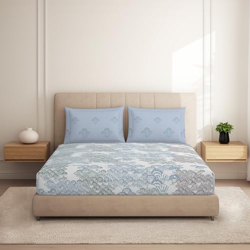 Image of Spaces Welspun Ease 120 TC 100% Cotton Geometric Design Double Bedsheet with 2 Pillow Covers - Soft Feel, Skin Friendly & Machine Washable - 224X254 Cm - Light Grey