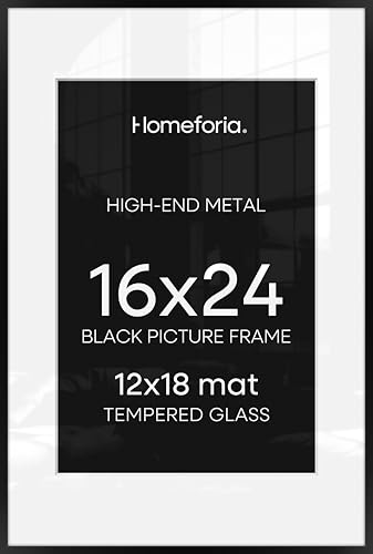 Image of Homeforia 16 x 24 Picture Frame Black, High End Metal 24x16 Poster Frame, 16 x 24 Black Frames Matted to 12 by 18 inch Print, 24by16 Thin Frame with Mat 12x18 Photo, Tempered Glass, Wall Kit, Set of 4