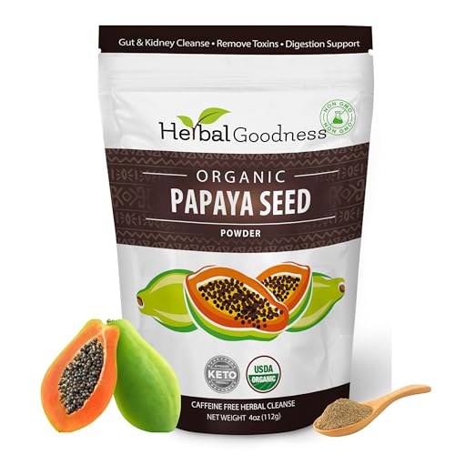 Herbal Goodness Papaya Seeds Powder 4oz | USDA Organic Digestive Enzymes for Gut Health & Detox, Immune & Colon Cleanse Support, Bloating Relief, High Potency Papaya Enzyme Supplement, Non-GMO, Vegan