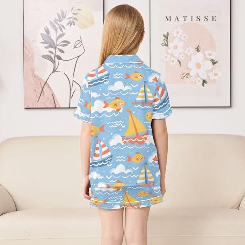 ALAZA Boat Fish Wave Cloud Satin Pajamas Set Short Sleeve Button Down Sleepwear Summer Pjs 2 Piece4