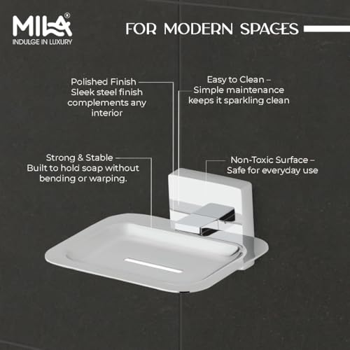 Image of Mila Floro Premium SS304 Wall Mounted Soap Dish | Chrome Finish Rust-Proof Square Soap Holder for Bathroom, Kitchen & Wash Basin