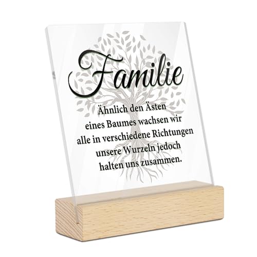 Putuo Decor Acrylschild mit Holzsockel – „Familie: Ähnlich den Ästen eines Baumes wachsen wir in Verschiedene Richtungen, doch unsere Wurzeln halten Uns zusammen“ – Deko für Zuhause und Familie