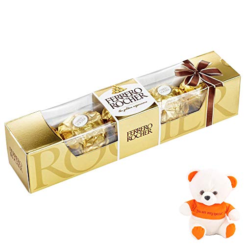 Image of SFU E Com Premium 4 Pieces Rocher Chocolate | Valentine Love Teddy Bear With Chocolate Combo | Valentine Chocolate Hamper | 1200