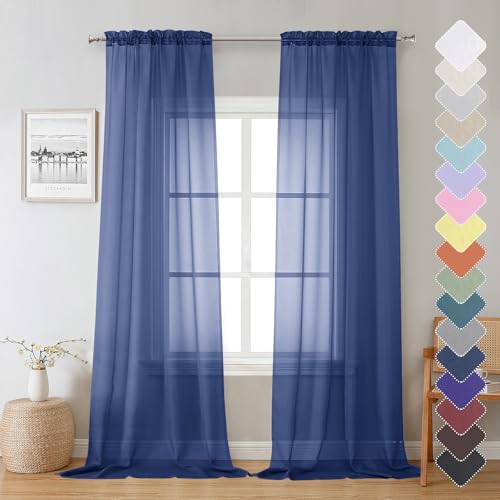 Lecloud Royal Blue Sheer Curtains 96 Inches Long 2 Panels, Farmhouse Voile Sheer Curtain for Windows, Soft Rod Pocket Transparent Curtains for Living Room Large Windows, Each Panel 42 X 96 Inch