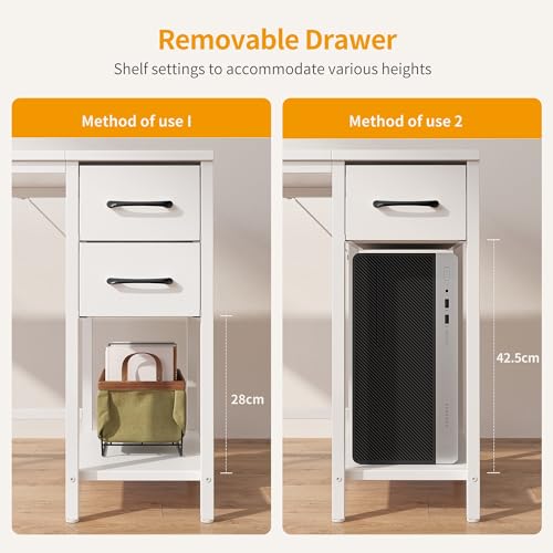 CubiCubi Schreibtisch mit 2 Schubladen und Kopfhörerhaken, 120×50×75cm Kleiner Computertisch, Bürotisch, für Arbeitszimmer, Schlafzimmer, Metallgestell, Weiß