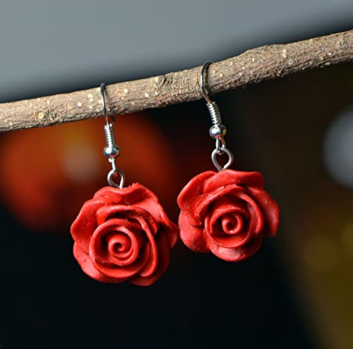 Red Rose Flower Earrings Ring Vintage Enamel Painting Dangle Earrings for Women Jewelry3