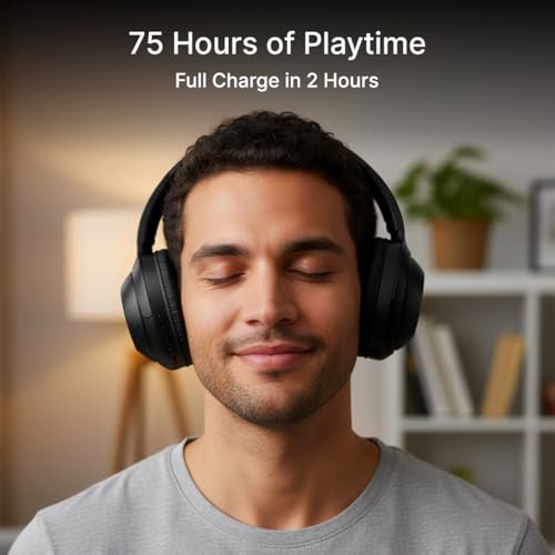 Image of pTron Studio Classic w / 75Hrs Playtime, Wireless Over Ear Headphones w /HD Mic, Dual Device Pairing, TruTalk AI-ENC Calls, Low-Latency Game & Music, Deep Bass, BT5.4 & Type-C Charging (Black)