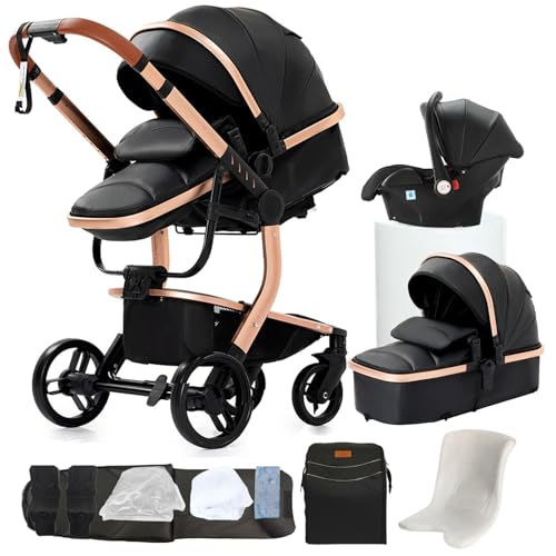 Veitoalioy Cuero PU Carrito Bebe 3 en 1, Portátil Cochecito Plegable, Carrito de Paisaje Alto Se puede empujar hacia adelante y hacia atrás, Cochecito de Bebé Conveniente y Multifuncional (518 Black)