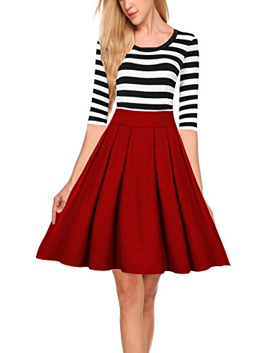 HiQueen Women's Scoop Neck 2/3 Sleeve Casual Swing Dress Navy Style Stripe Dress (XL, Red)