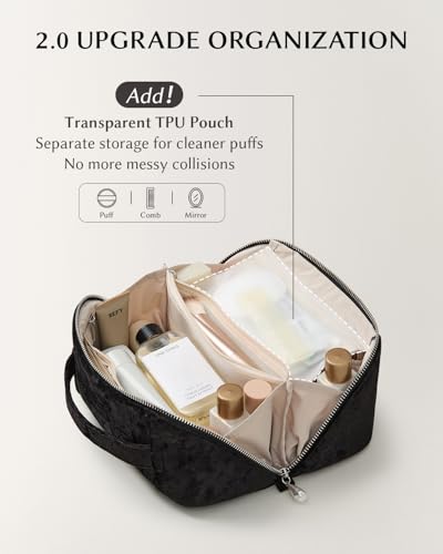 Image of EACHY Travel Makeup Bag, Large Capacity Cosmetic Bag for Women, Waterproof PU Leather, Flat Open Portable Toiletry Bag for Skincare, Brushes & Travel Essentials