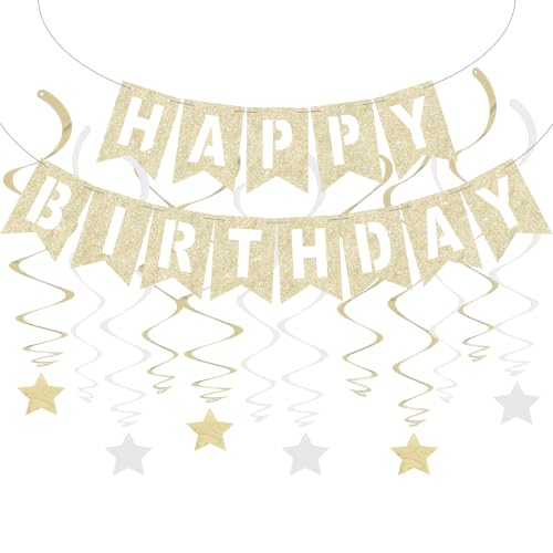 Image of BEISHIDA Gold Happy Birthday Banner with Stars for Kids Women Men Birthday Decor
