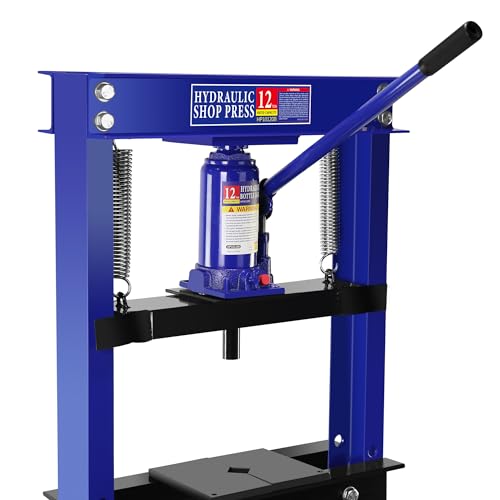 Image of Hydraulic Shop Press 12T, H-Frame Bearing Shop Press, Adjustable Garage Shop Press with 2 Press Plates, Adjustable Working Table Height, Blue