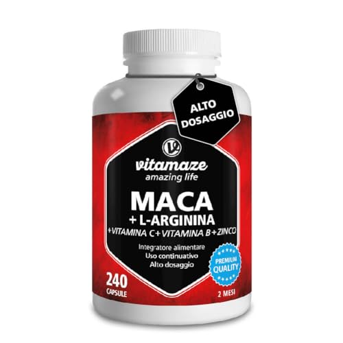 Vitamaze® Maca ad Alto Dosaggio 4000 mg Polvere + L-Arginina + Vitamine + Zinco, 240 Capsule per 2...
