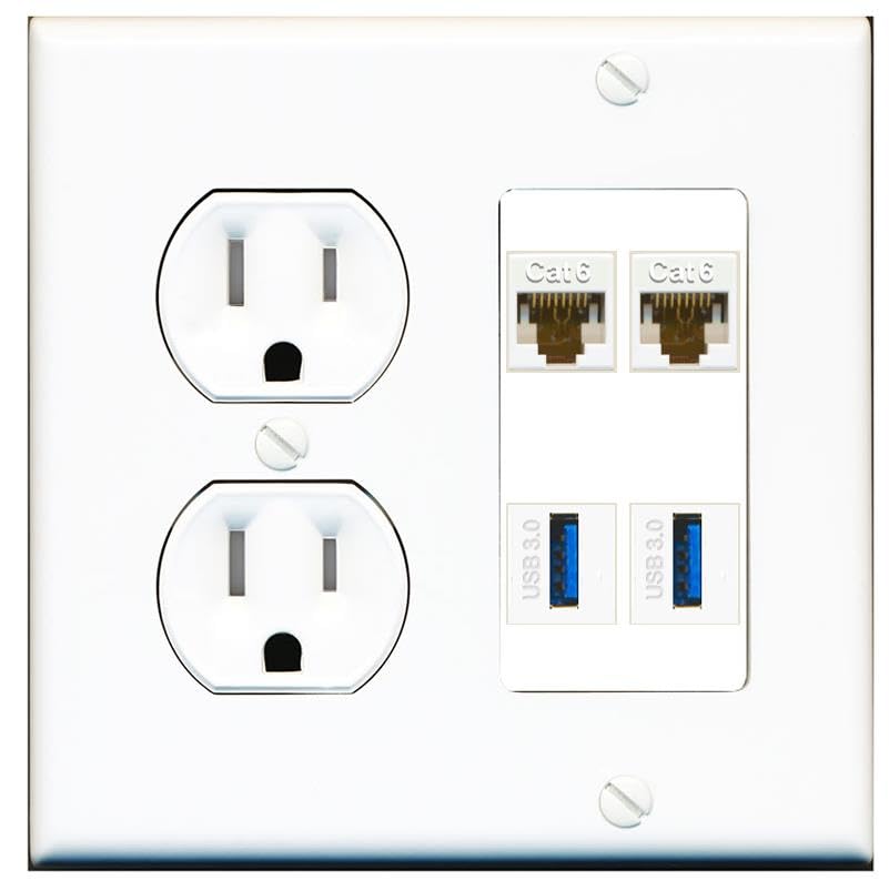 RiteAV 2 Port Cat6 2 USB3 Wall Plate - Tamper-Resistant Outlet [Screwless White]