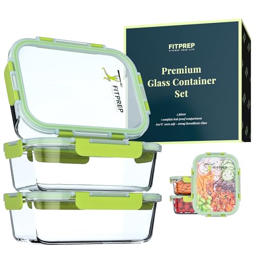 FITPREP® Glasbehälter mit Deckel 6 teiliges Set [3 Vorratsdosen + 3 Abdeckungen] Premium Vorratsdosen mit Deckel luftdicht für Meal Prep, 880ml, Meal prep boxen, Lunchbox, nachhaltig & vielseitig.