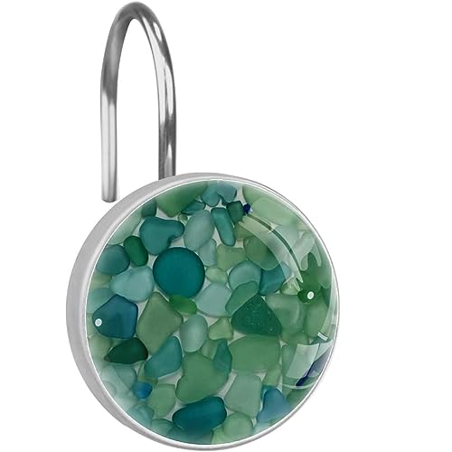 Colorful Beachglass Sea Glass Teal Decorative Shower Curtain Hooks Rings