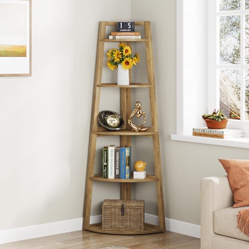 Image of Tribesigns 70 inch Tall Corner Shelf, 5 Tier Modern Corner Bookshelf Bookcase Industrial Corner Ladder Shelf Plant Stand for Living Room, Kitchen, Home Office (Light Brown)