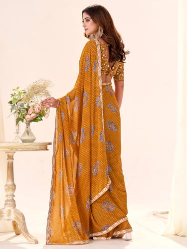 Image of AKHILAM Women's Bandhani Printed Chiffon Saree with Blouse