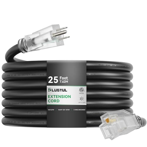 PLUGTUL 10 Gauge Extension Cord 25FT, Black Outdoor Extension Cord with Lighted End, Heavy Duty,15A 1875W SJTW, ETL Listed