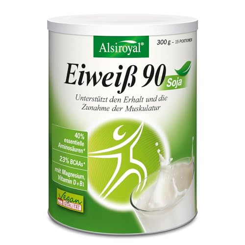 Alsiroyal Eiweiß 90 Soja (300 g) – Sojaprotein-Isolat für Muskelaufbau – mit essentiellen Aminosäuren, BCAAs, Magnesium, Vitamin D3 & B1 – vegan - laktose-, fruktose- & zuckerfrei – fettarm