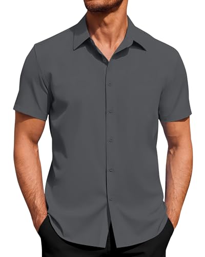 J.VER Mens Short Sleeved Shirts 4-Way Stretch Casual Shirt Regular Fit Non Iron Business Dress Summer Button Down Shirts Dark Grey M