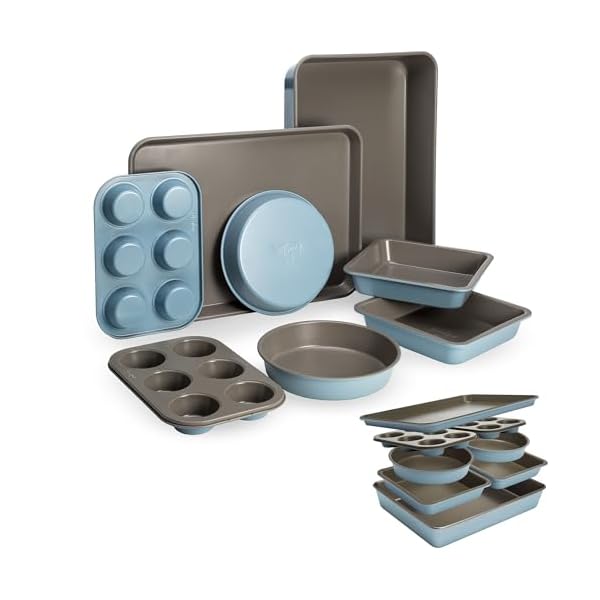 Goodful all in one nonstick bakeware set stackable and space saving design includes round and square pans muffin pans cookie sheet and roaster dishwasher safe 8 piece blue mist  urban country home decor