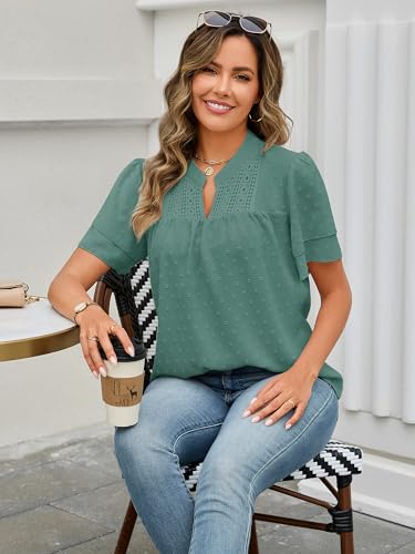 Bellcoco Boho Tops for Women Summer Short Sleeve Shirts Vneck Ruffle Flowy Blouses Dressy Casual Lace Hem Clothing(Cyan,Large) — view 5