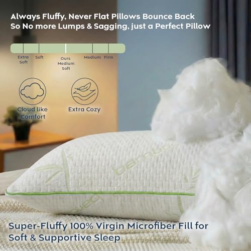 Image of AYKA Premium Bamboo Microfibre Pillow for Sleeping, Set of 4 | 17x27 Inch Hotel Luxury Bed Pillows | 100% Virgin Fiber Fill, Soft & Fluffy | Neck Support for Side, Back & Stomach Sleepers