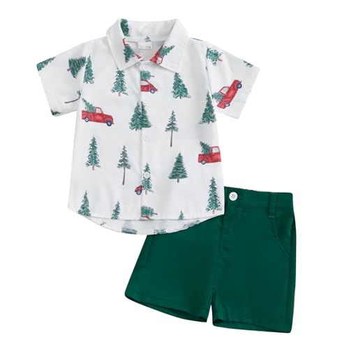 Rtnnsbbfcm Toddler Baby Boy Christmas Outfit Short Sleeve Gingerbread Man Santa Claus Button Down Shirt Top Shorts 2Pcs Set (White Green 3-4T)