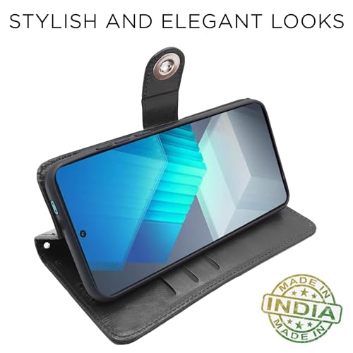 Image of Pikkme iQOO Neo 7 Pro 5G Flip Cover Leather Finish | Inside TPU with Card Pockets | Wallet Stand and Shock Proof | Complete Protection Button Flip Case (Black)