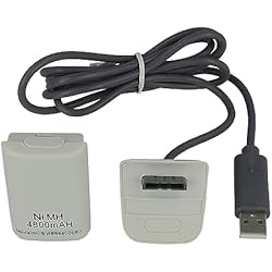 Cargador Mando Xbox 360 Blanco vhbw Kit Carga y Juega Compatible con Microsoft Xbox 360 Controller - 1x Cable de Carga, 1x batería, Blanco/Gris