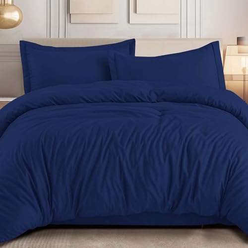 MOONLIGHT20015 Duvet Cover with Button Closure, Soft and Breathable Microfiber Double Brushed Duvet Cover and Pillow Shams (Navy, Twin/Twin XL (68" x 90"))