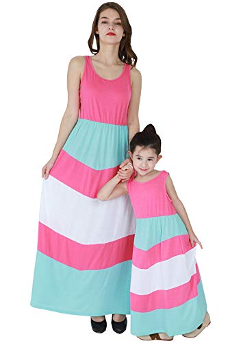 FLITAY Boat Neck Mommy and Daguhter Dress Swing Hem Stripe Dress Womens and Girls A Line Sleeveless Mom and Children Dress2