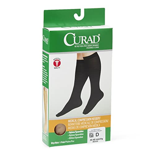 Image of CURAD Knee-High Compression Hosiery, 30-40 mm Hg, Tan, Size D, Regular Length, 1 Pair