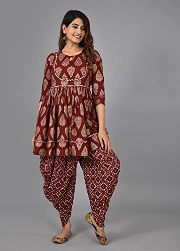 Image of H&N Women's Cotton Blend Casual Printed A-Line Kediya Kurti Top With Dhoti Set