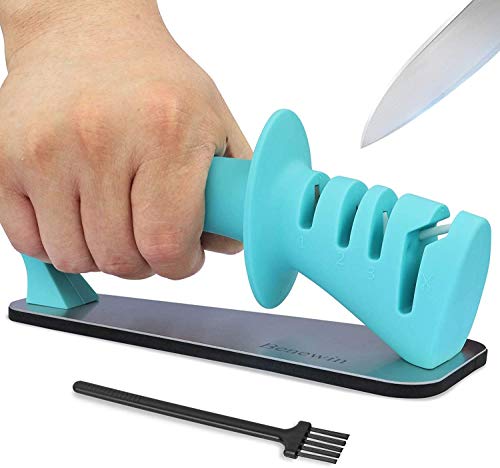 Knife Sharpener- 3-Stage Knife Sharpener Helps Repair,Restore and Polish Blades,Sharpens Dull Knives Fast,Safe and Easy to Use- Slot Cleaning Brush Included,Blue