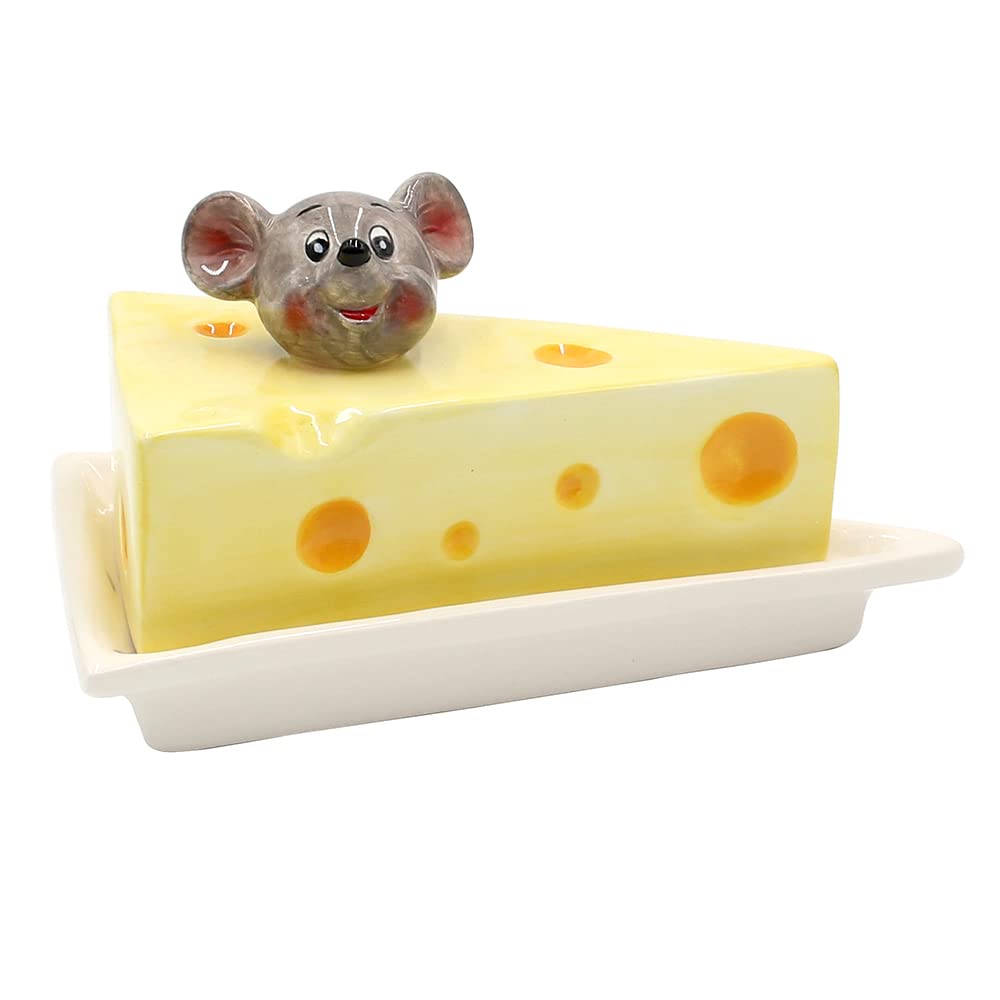 Dekohelden24 Ceramic Cheese Container with Mouse, Size L/W/H: Approx. 17 x 11.5 x 9 cm, Yellow, 9 cm