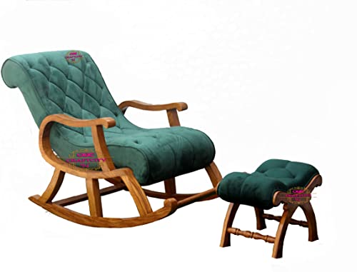 Image of CRAFTCITY Rocking Chair |Sheesham Wood Elegant Rocking Chair with Pillow and Matching Foot Stool and Pre assembeled (Peacock Green)