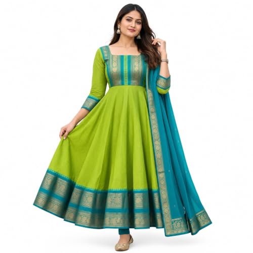 Image of Elegant Zari Jacquard Weaving Gown with Lace Border Dupatta - Traditional Indian Ethnic Wear for Weddings, Festivals, and Special Occasions