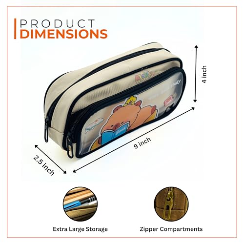 Image of Alokik Enterprise Cute Cartoon Pencil Pouch with Double Zipper & Transparent Window, Large Capacity Fabric Pen Case for School, Office, Students, Kids & Teens (Good Study Off White Pouch)