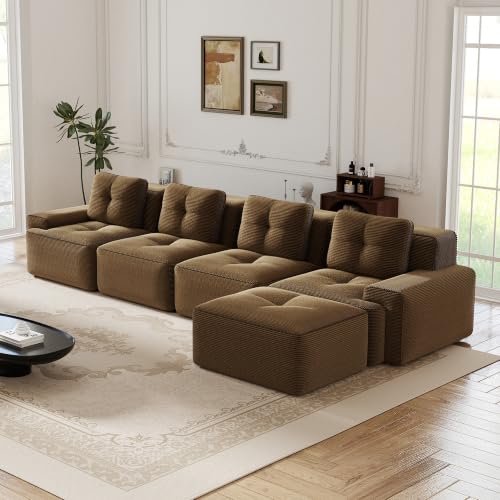 Image of 153 inch L-Shaped 4-Seater Modular Boneless Couch with Ottoman, Soft Corduroy Cloud sectional Sofa, Oversized Deep Seat, No Assembly Anti-Slip Stable Sofa, Brown