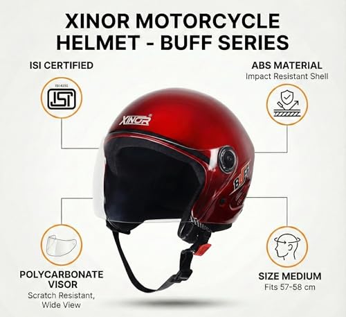 Image of Buff Open Face Motorcycle Helmet Medium | ISI Certified Unisex Helmet | Lightweight ABS Shell with Clear Visor & Quick Release Strap for Bike & Scooter Riders (Matte Black)